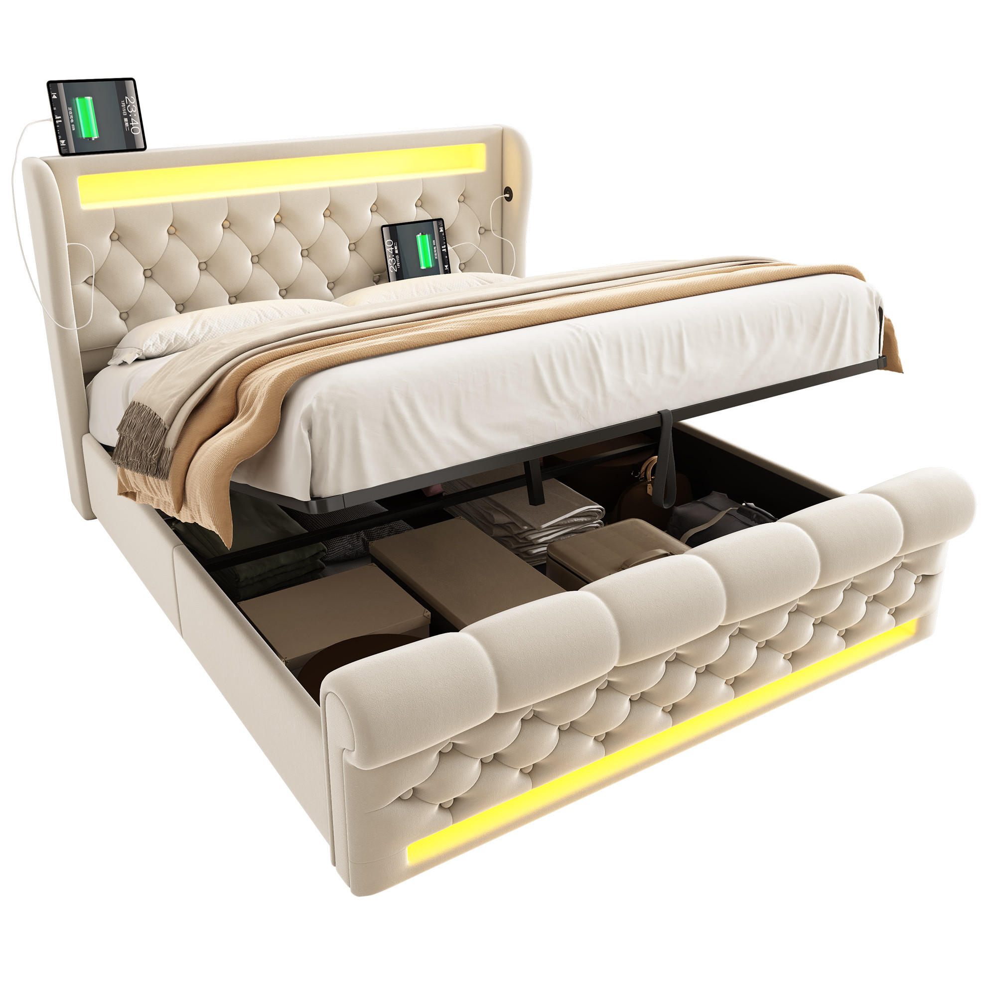 SAMT-POLSTERBETT 140/200 cm mit LED-Beleuchtung und Bettkasten in Beige - Beige, Textil (140/200cm) - BEAOK