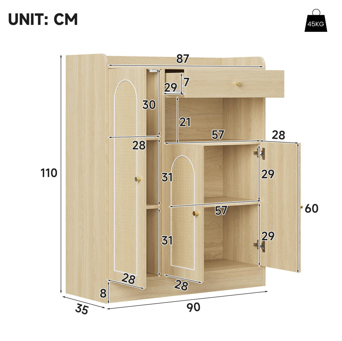 SCHUHSCHRANK mit 3 Türen und Schublade 90 x 35 x 110 cm Naturfarbe - Naturfarben, Holz (35/110/90cm) - Beauniv