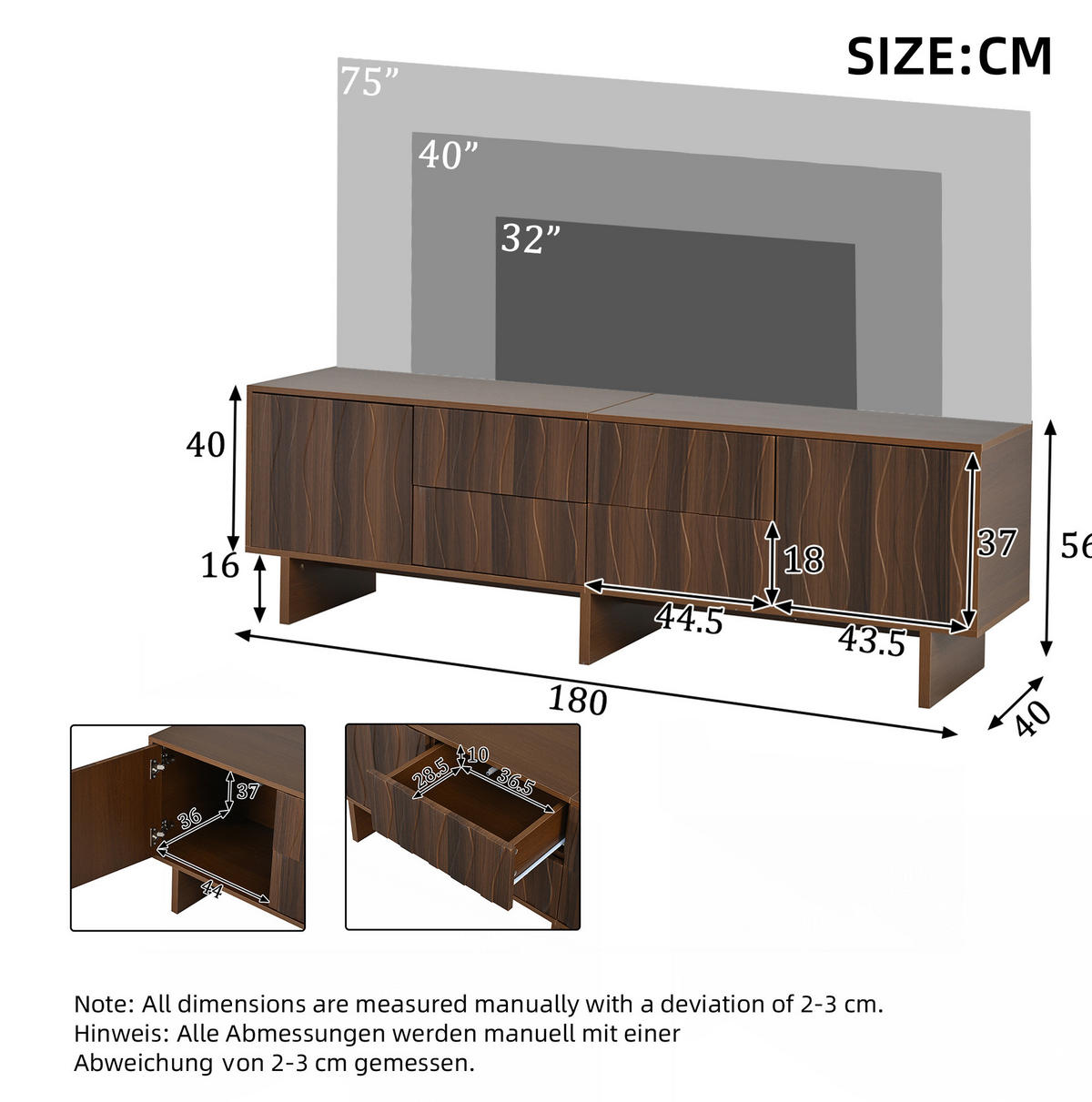 TV stolík 180/40/56 cm tmavý orech z drevotriesky s vlnitým dizajnom, 4 zásuvkami a 2 dvierkami - hnedá, kompozitné drevo (180/56/40cm) - OKWISH