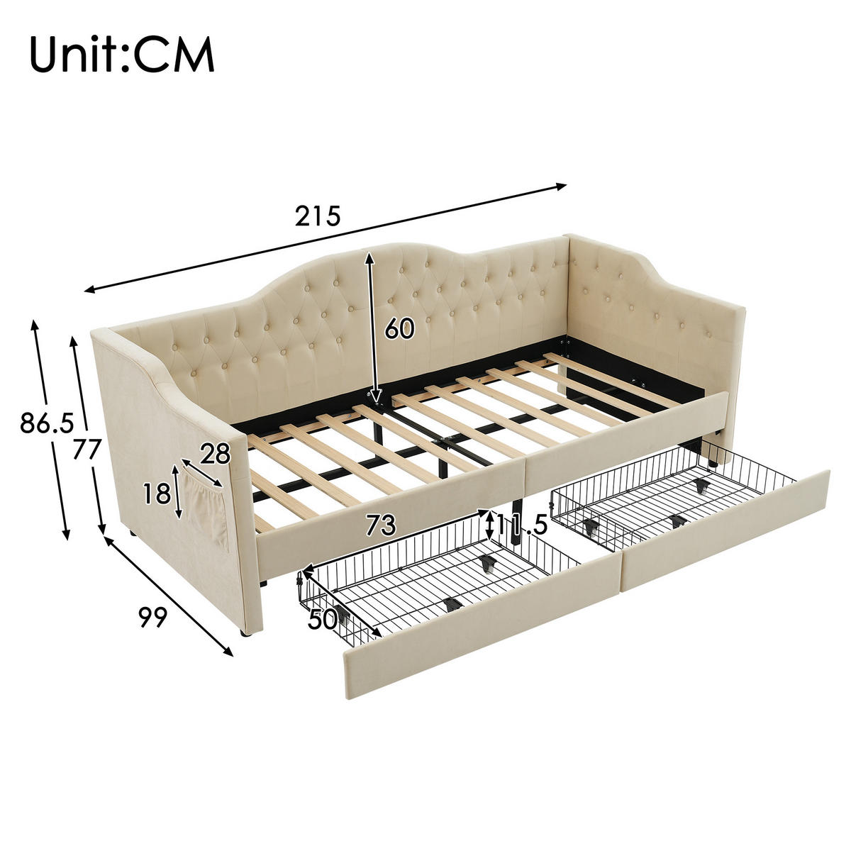 OBLAZINJENA postelja 90/200 cm z USB in priključkom Type-C, 2 predaloma in stranskimi žepi, Bež - bež, tekstil (90/200cm) - Redom