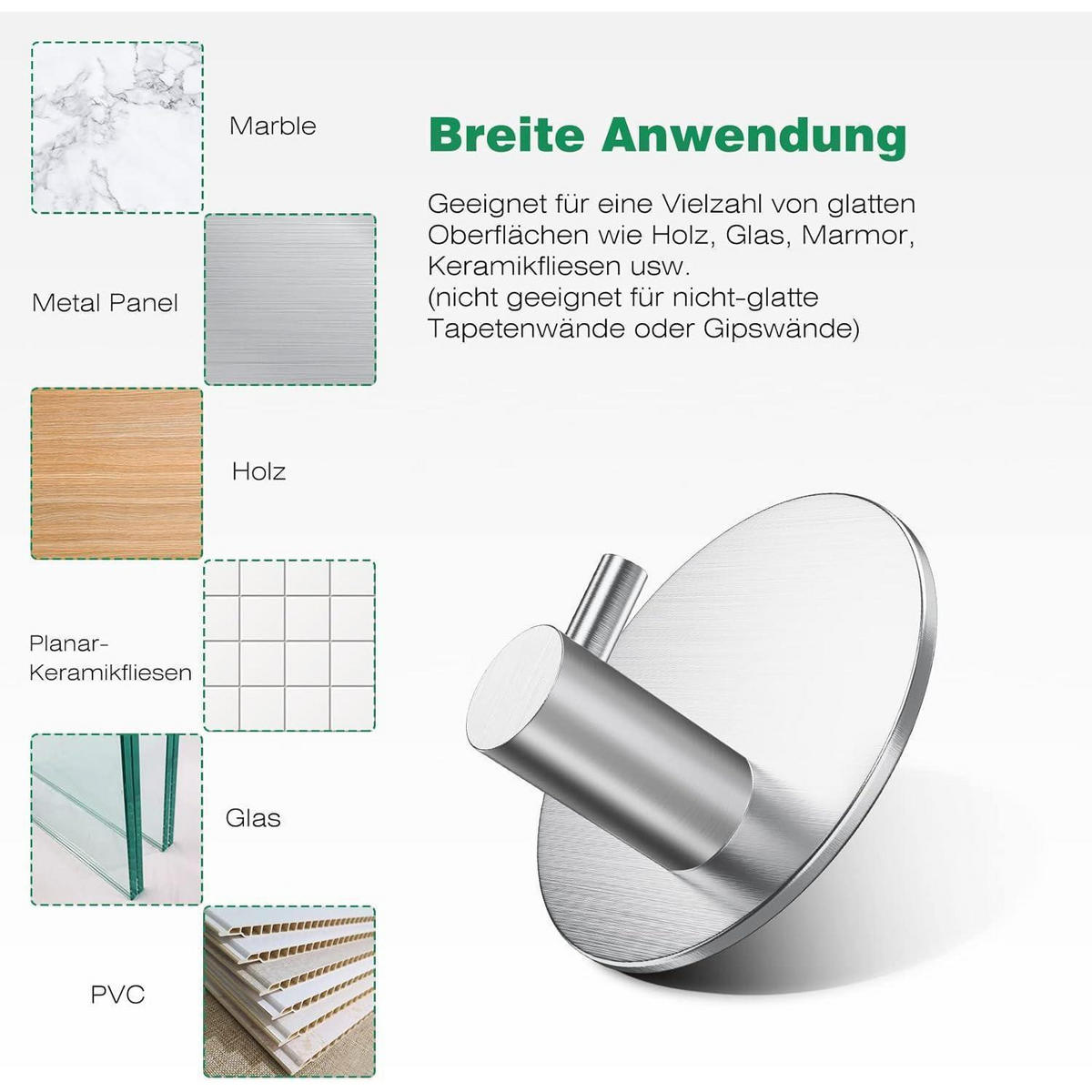KLEBEHAKEN 4-teiliges Set Edelstahl gebürstet - Silberfarben, Metall (5/3/5cm)