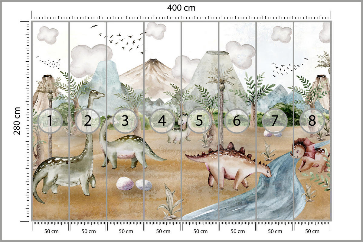 FOTOTAPETE für Kinderzimmer Dinosaurier Welt Vulkane Aquarell Tropische Bäume 400x280 - Blau/Beige, Papier (400/280cm) - Muralo