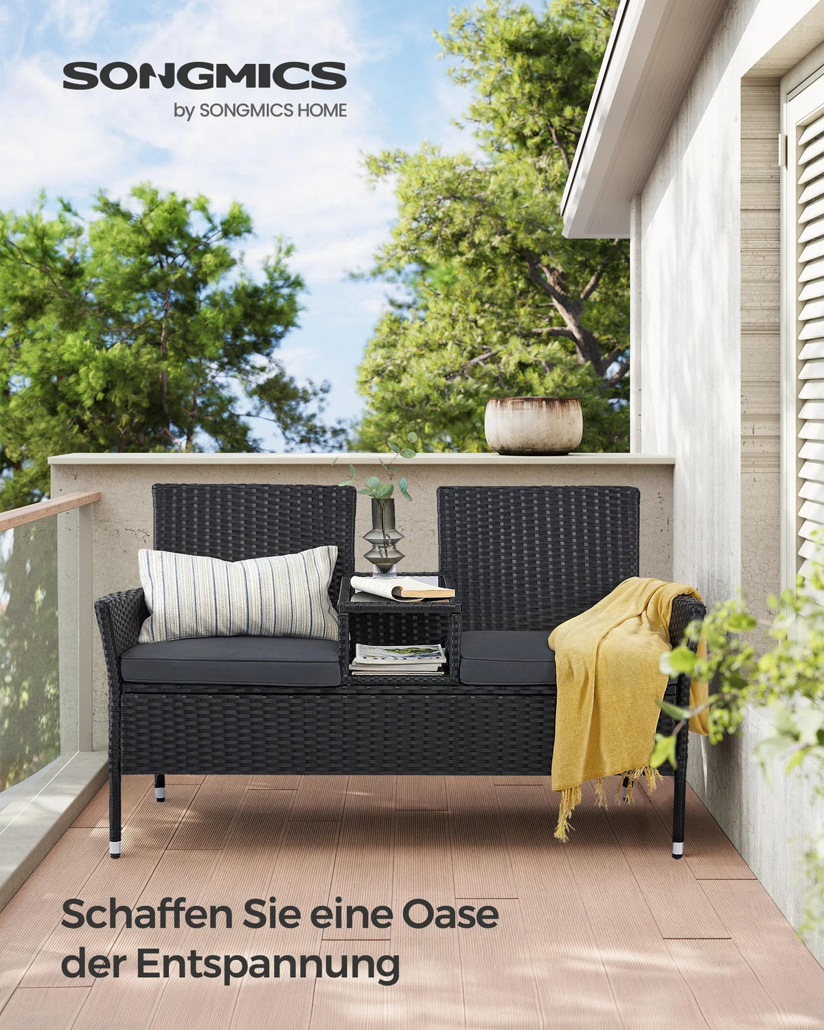 LOUNGEGARNITUR PE-Polyrattan Schwarz, Sofa mit Tisch - Schwarz, Textil - Kaket