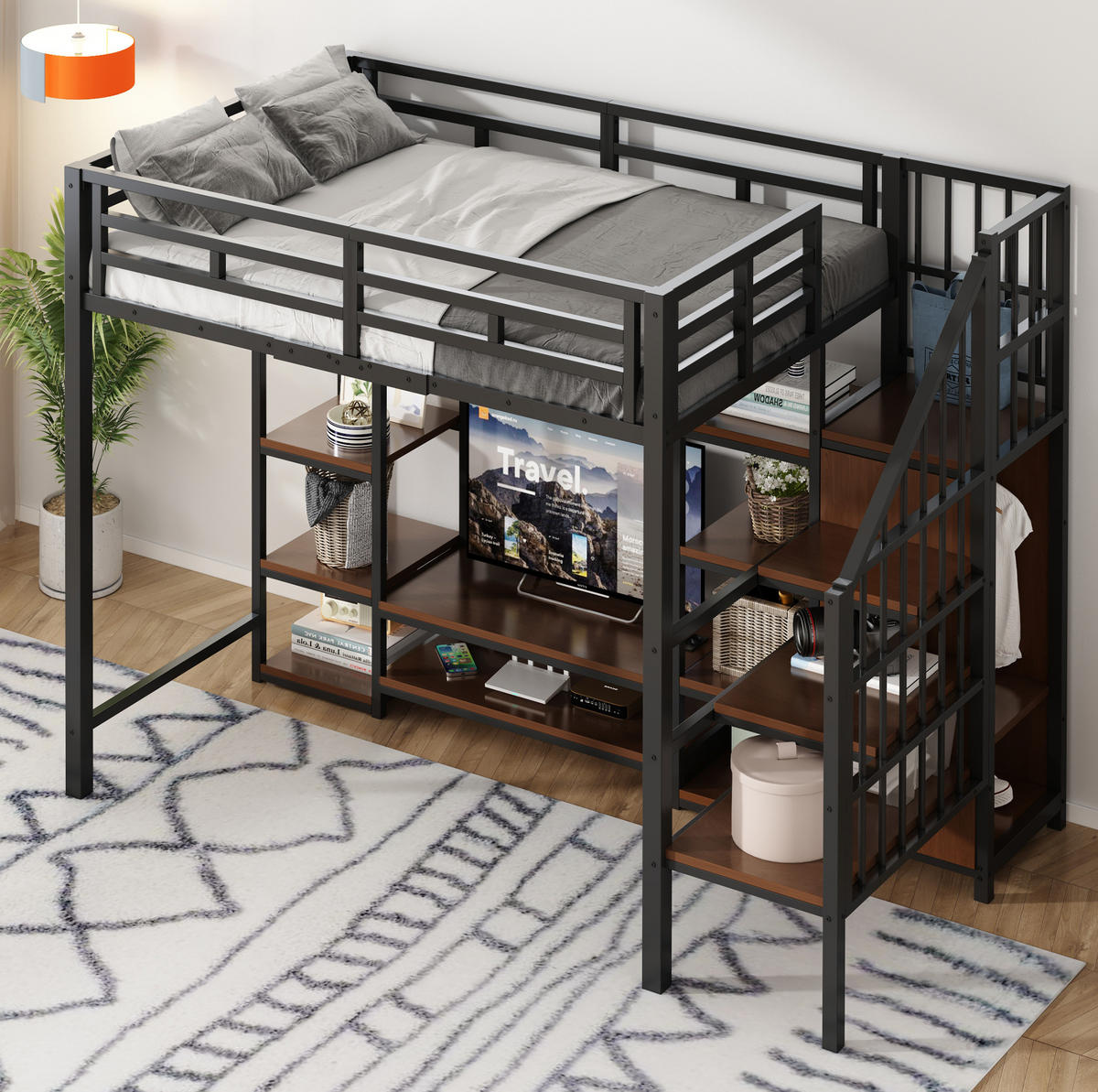 HOCHBETT 90/200 cm Schwarz mit TV-Ständer und Steckdose - Schwarz, Metall (90/200cm) - MIVRAY