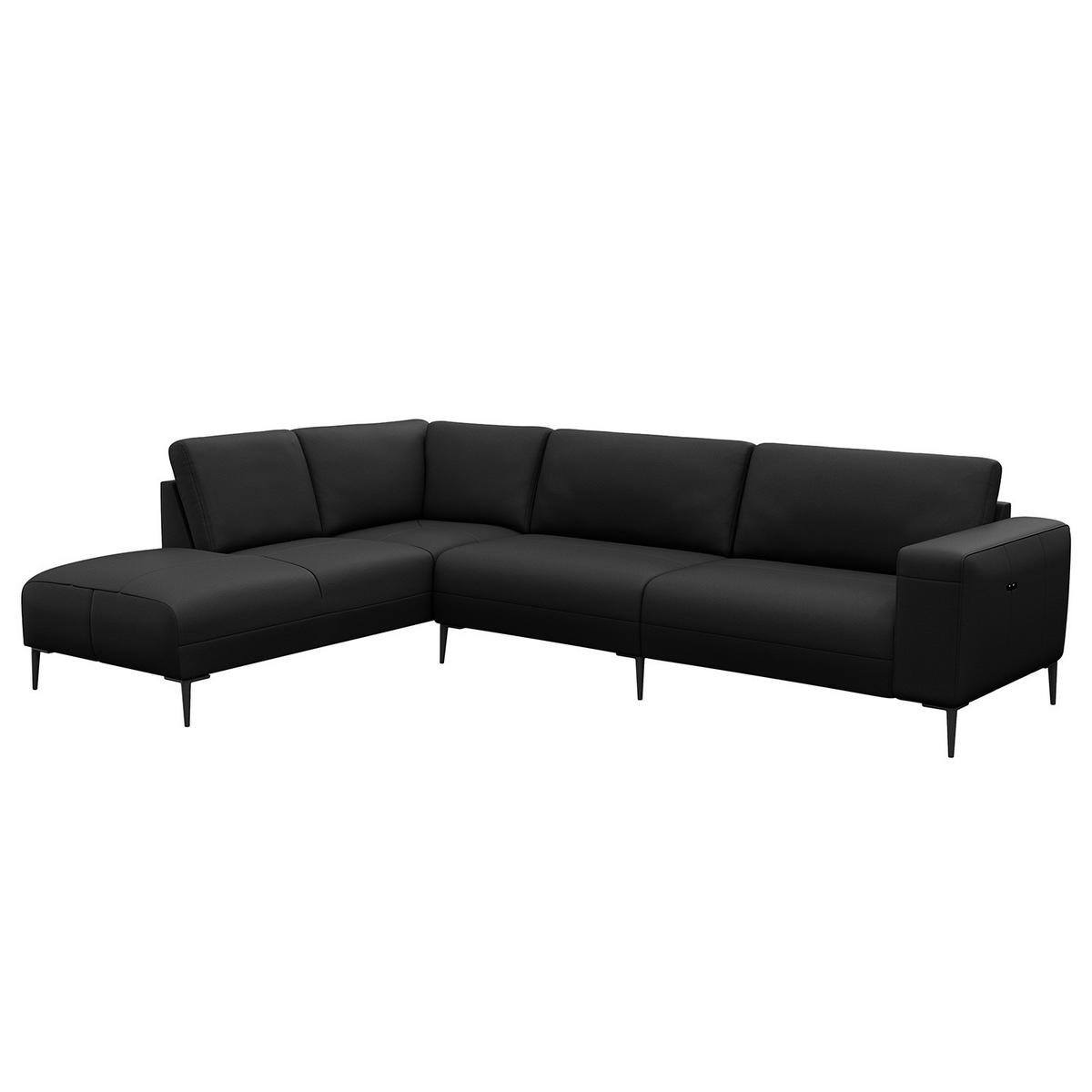 ECKSOFA mit Ottomane - Schwarz, Leder/Metall (290/203cm) - home24