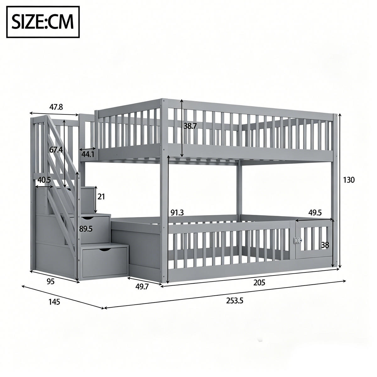 ETAGENBETT 140/200 cm mit Stauraumtreppe, Schubladen und Tür, Grau - Grau, Holzwerkstoff (140/200cm) - Redom