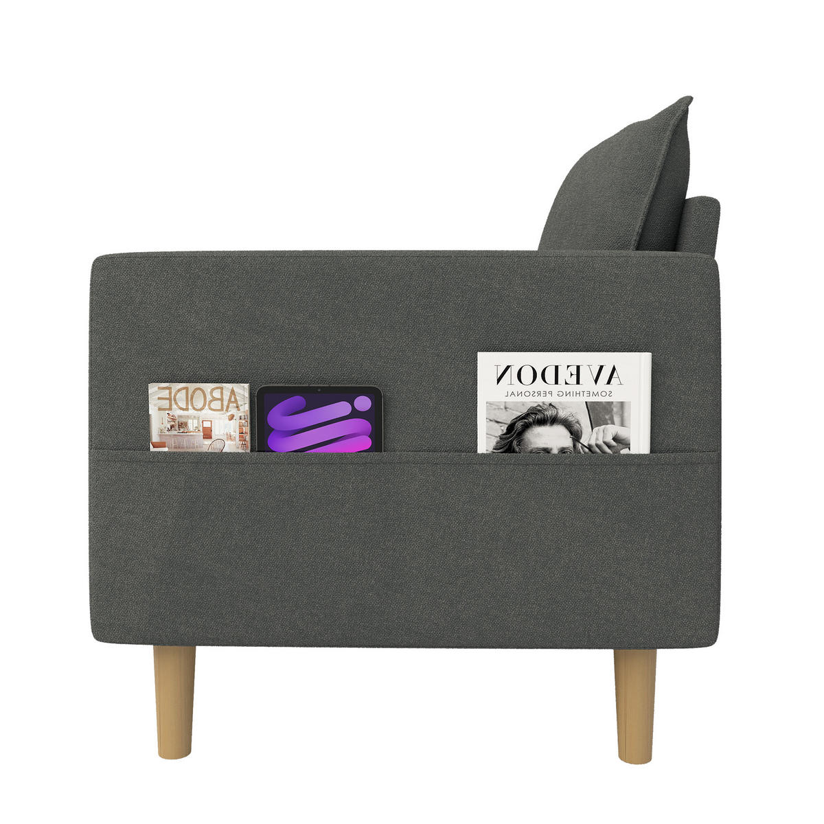 SESSEL Chenille Grau mit Seitentasche und Kissen - Grau, Holz/Holzwerkstoff (71/82/68cm) - WISHDOR