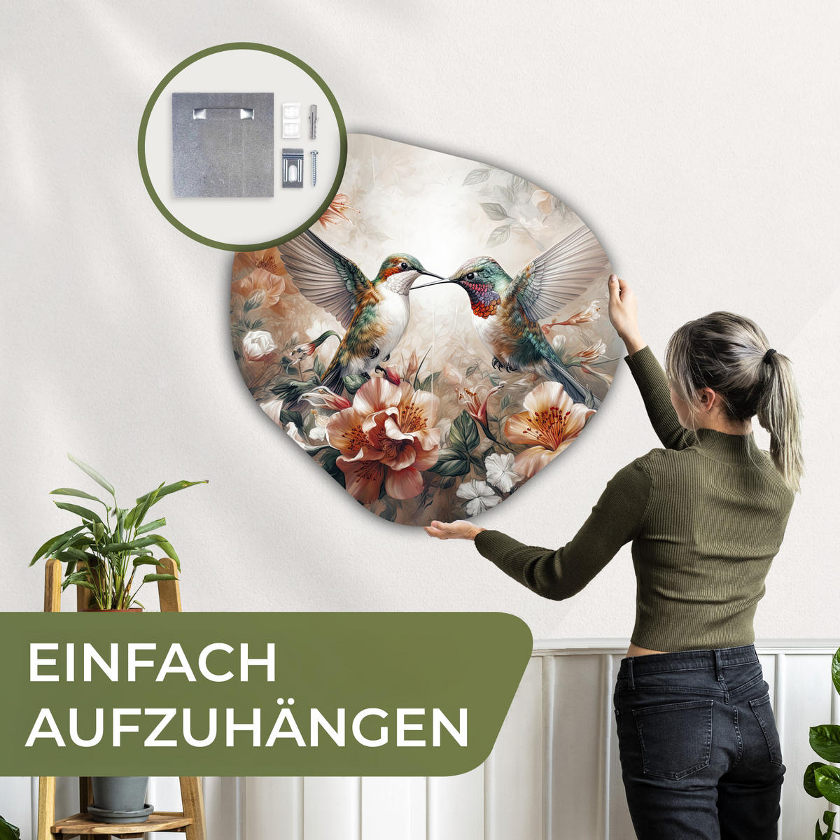 WANDBILD Kolibri - Vögel - Blumen - Natur 90x90 cm - Altrosa, Kunststoff (90/90cm) - MuchoWow