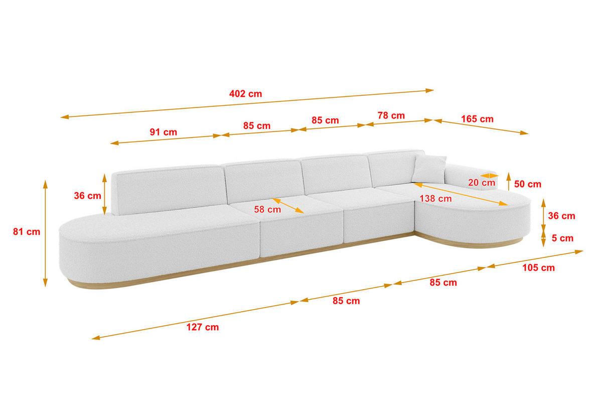 ECKSOFA Ottomane Rechts MARI-L3-v2 - 413x171x83 cm Weiß Bouclé - Weiß, Holzwerkstoff/Textil (171/413cm) - ALTDECOR