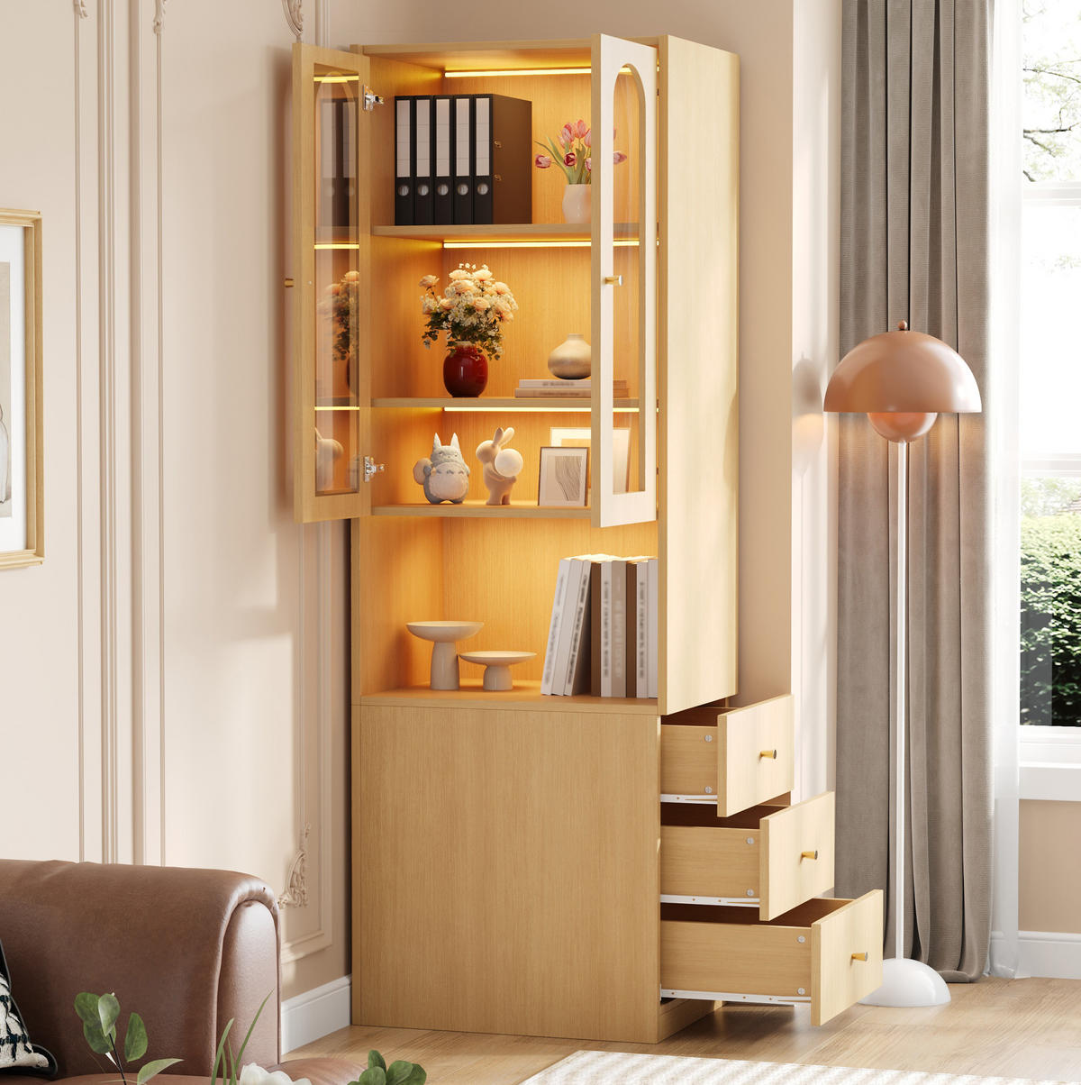 HIGHBOARD 60/40/200 cm in Eichefarben mit LED-Beleuchtung und GlasHighboard - Eichefarben, Holzwerkstoff (60/200/40cm) - Flora Grace