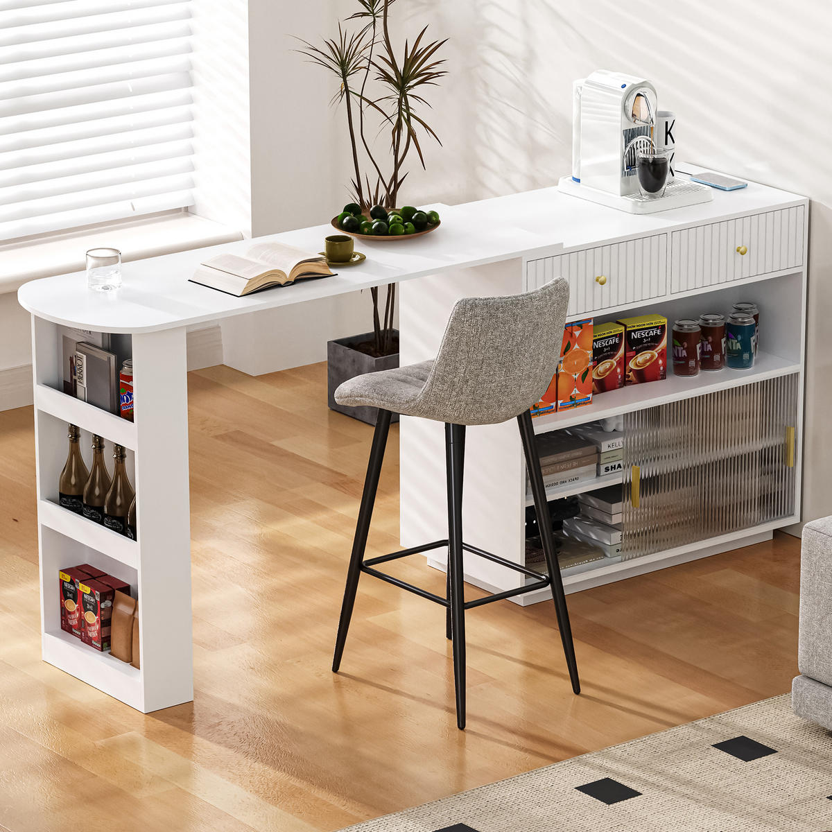 BARTISCH 120×50×95,5 cm aus MDF+Spanplatte mit Streifenglas, LED & USB-Ladestation, weiß - Weiß, Holzwerkstoff (120/50/95.5cm) - Luhomfu