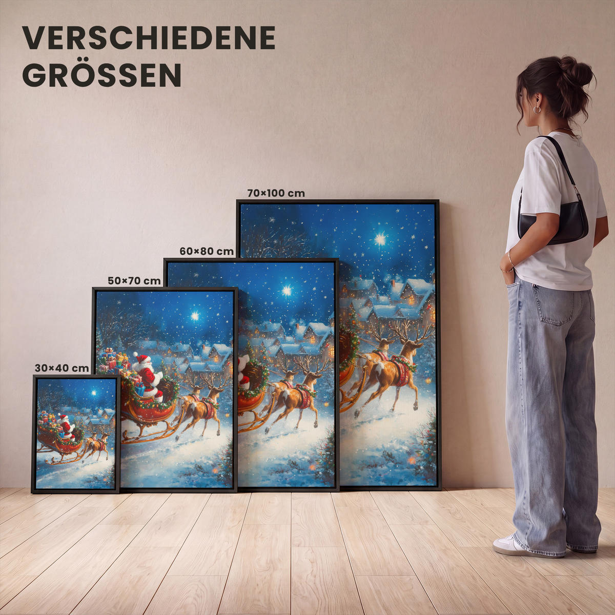 LEINWAND Bilder mit Rahmen - Weihnachtsmann - Rentier - Weihnachten - Schnee - 70x100 - Cognac, Textil (70/100cm) - MuchoWow