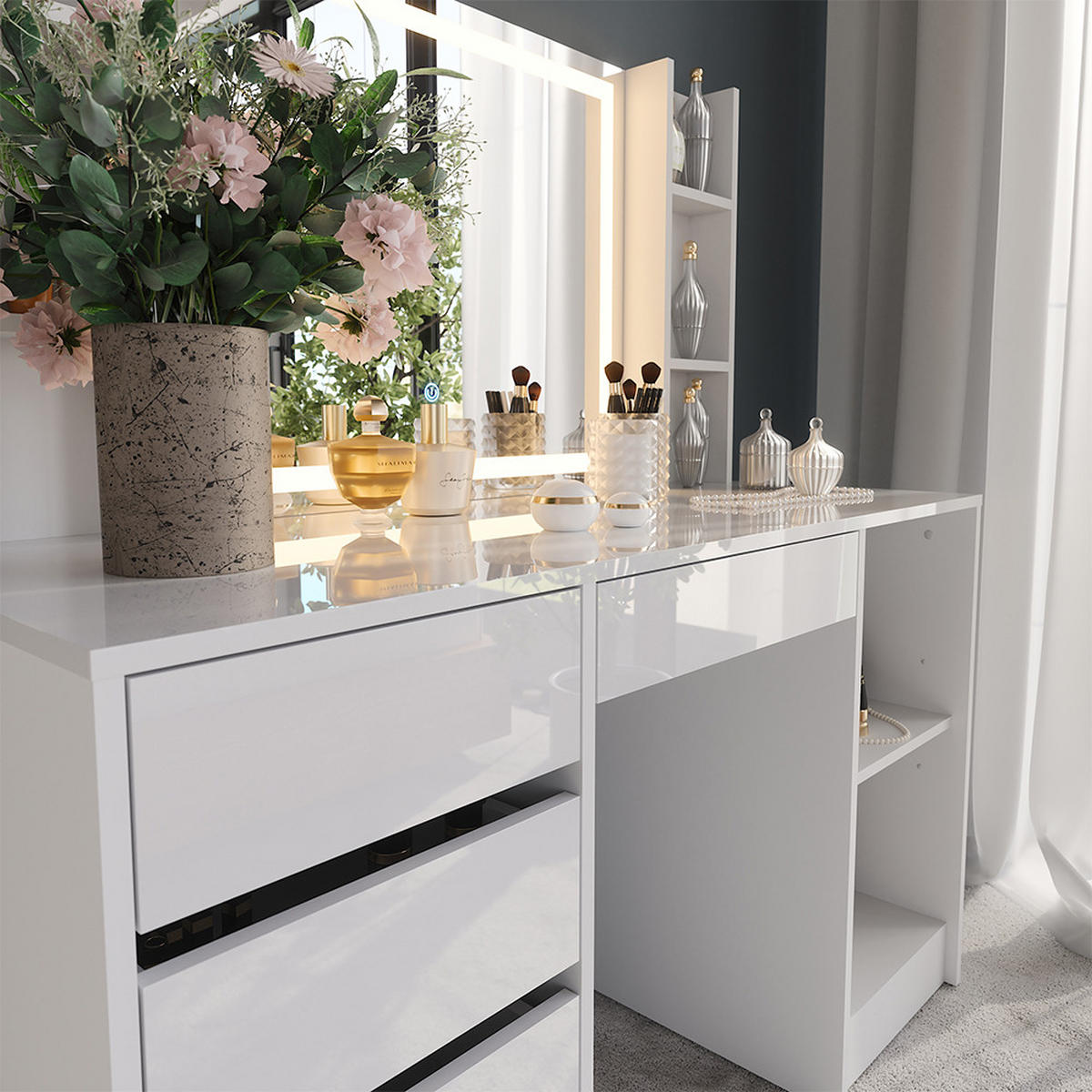 SCHMINKTISCH Sherry Weiß/Weiß Hochglanz 128.2 cm mit LED-Spiegel - Weiß Hochglanz, Holzwerkstoff (128.2/76/50.1cm) - Vicco