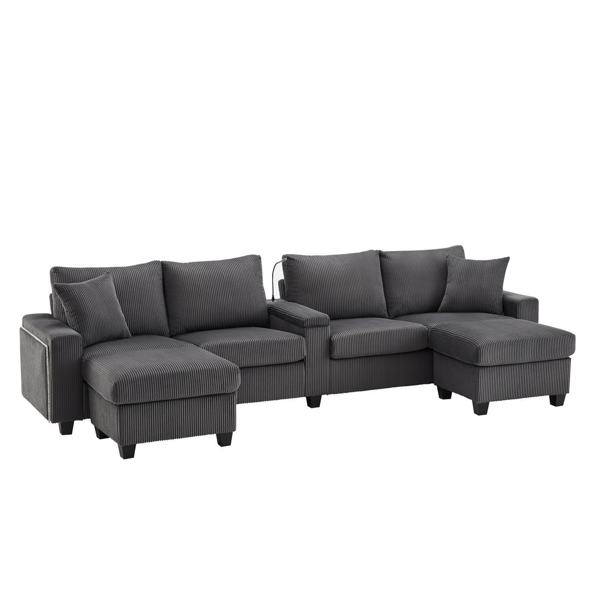 SOFA in U-Form mit 2 Hockern Grau Cord 334 cm - Grau, Holz (128.5/81/334cm) - Meubliv
