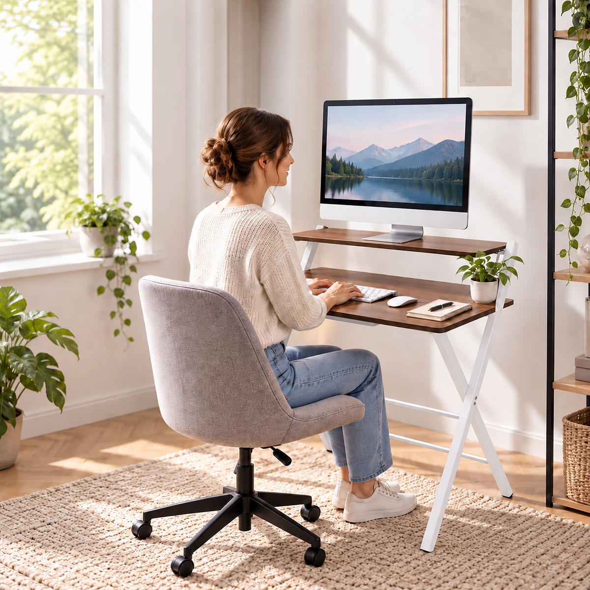 SKRIVBORD Vit fällbart med monitorhylla 70x56 cm - Vit, Träbaserade material/Metall (56/70/82cm) - Relaxdays