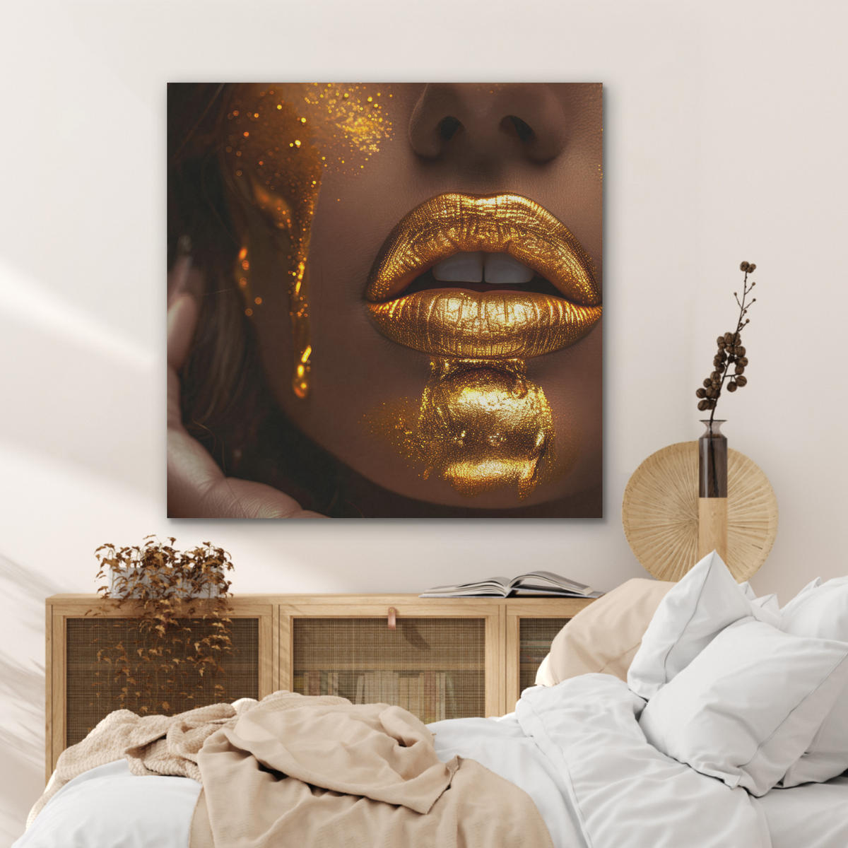 AKUSTIKPANEEL Frau - Gold - Luxus - Porträt 90x90 cm - Goldfarben, Textil (90/0.9/90cm) - MuchoWow