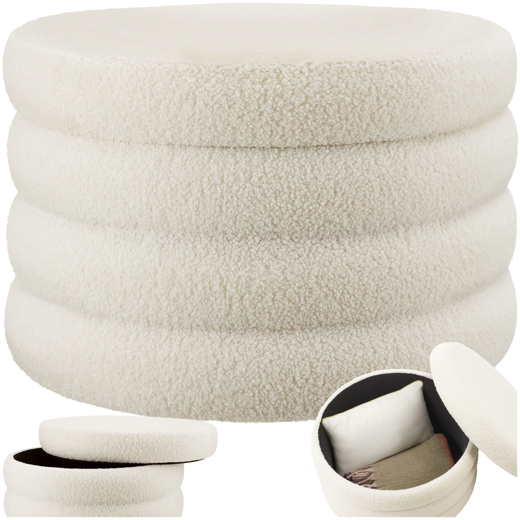 SITZHOCKER mit Stauraum Altu Xl,67 x 42 cm,Bouclé creme-weiß - Creme/Weiß, Holz (67/42/67cm) - tectake