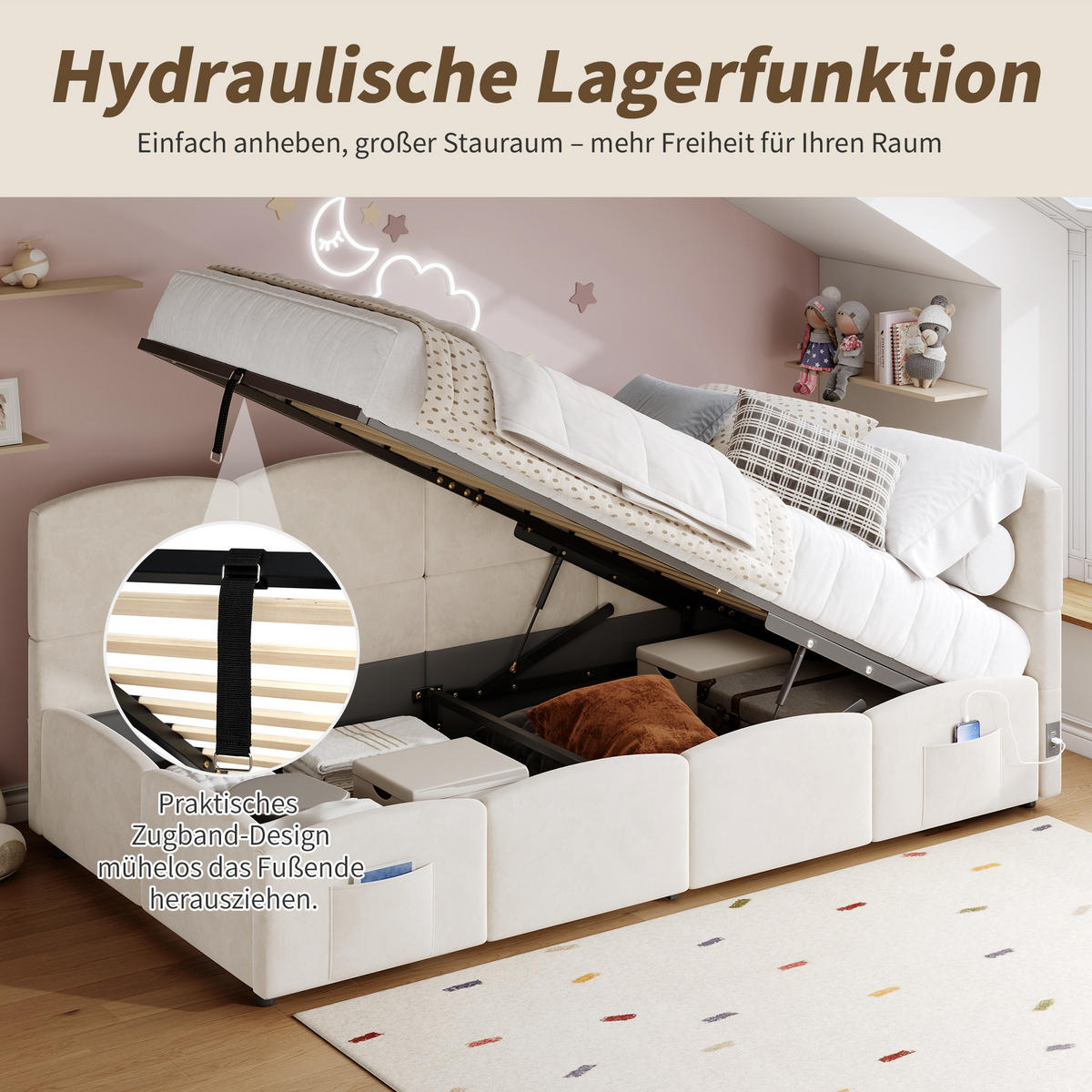KINDERBETT Beige Samt 90x190 USB Stauraum Lattenrost - Beige, Textil (90/190cm) - FLIEKS