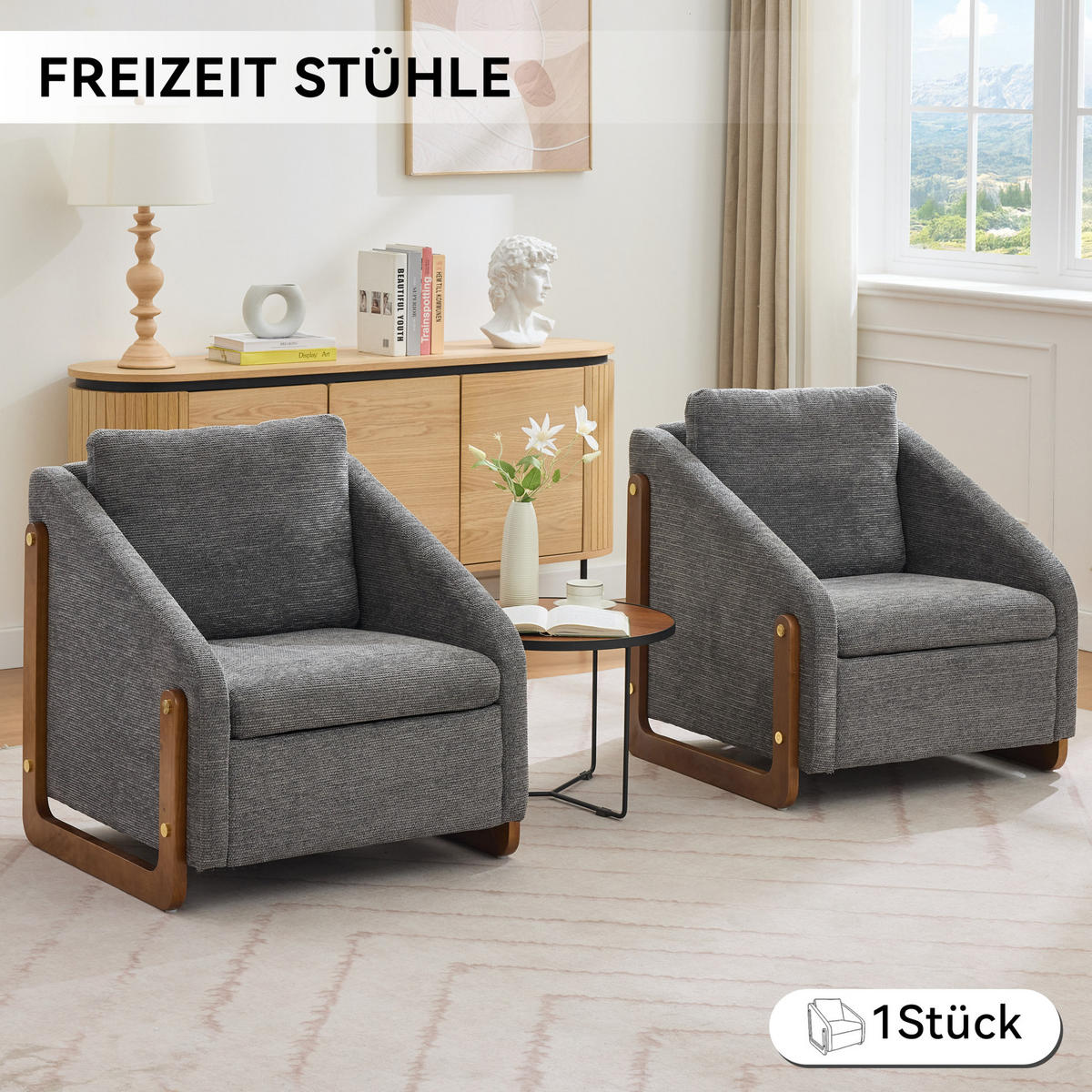 SESSEL 73,5/73,5/73,5 cm aus Chenille mit Holzarmlehnen in Grau - Grau, Textil (73.5/73.5/73.5cm) - BEAOK