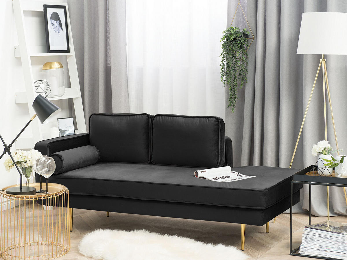 CHAISELONGUE Samtstoff schwarz linksseitig Miramas - Goldfarben/Schwarz, Textil (171/63/79cm) - Beliani
