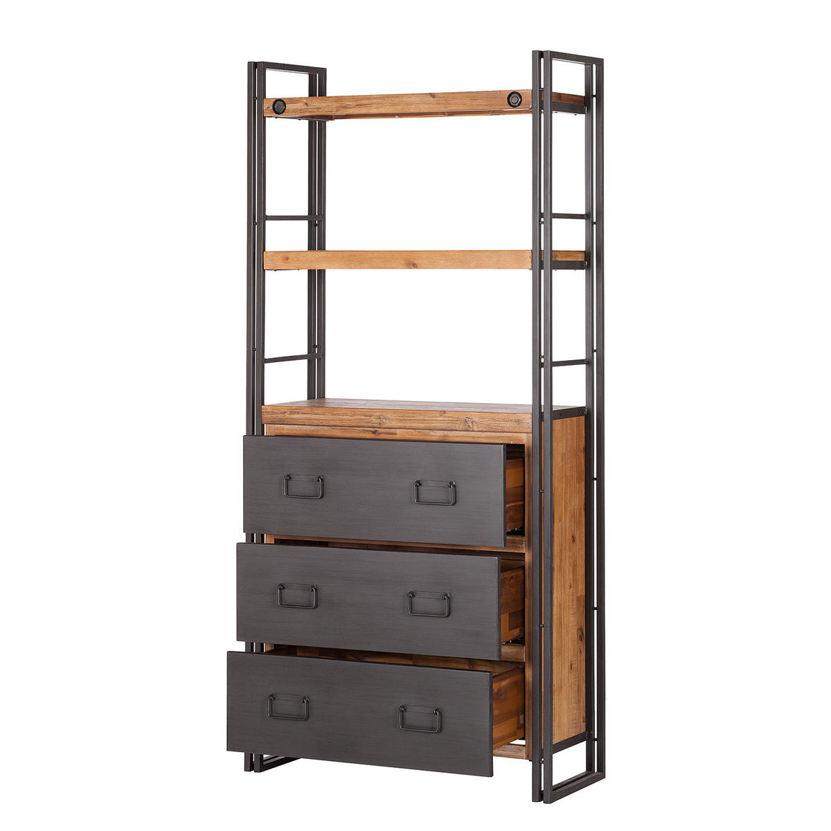 REGAL - 2 Fächer, 3 Schubladen, Akazie massiv / Metall - Akaziefarben, Holz (90/190/35cm) - home24