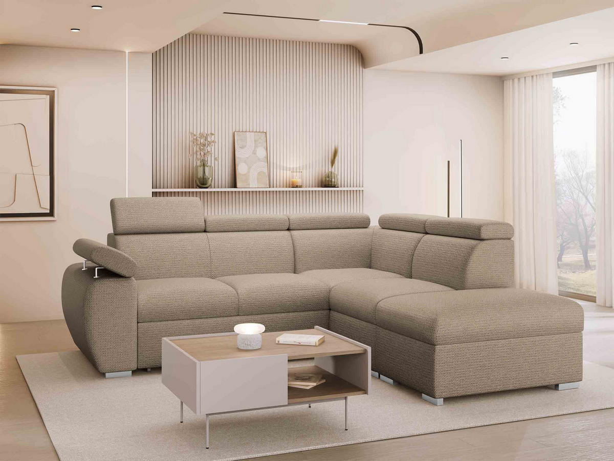 ECKSOFA Boston 2RR1P, Seite: Rechts 2R+R+1P(65)+PUFAP - Hellbraun/Silberfarben, Holz/Textil (260/230cm) - MIRJAN24