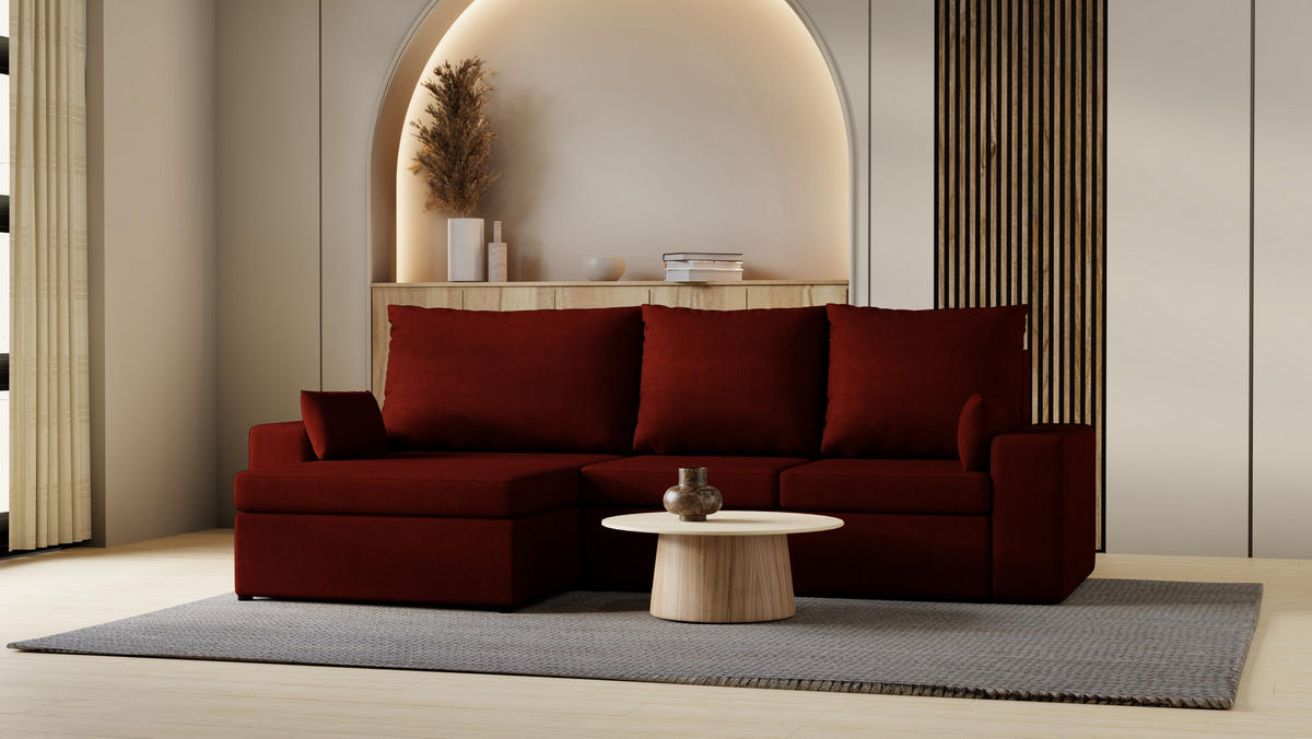 ECKSOFA Paco mit Bettkasten und Schlaffunktion, L-Form/XL-Form, Velourstoff, Universal - Weinrot, Holzwerkstoff (276/145cm) - 4ALL HOME