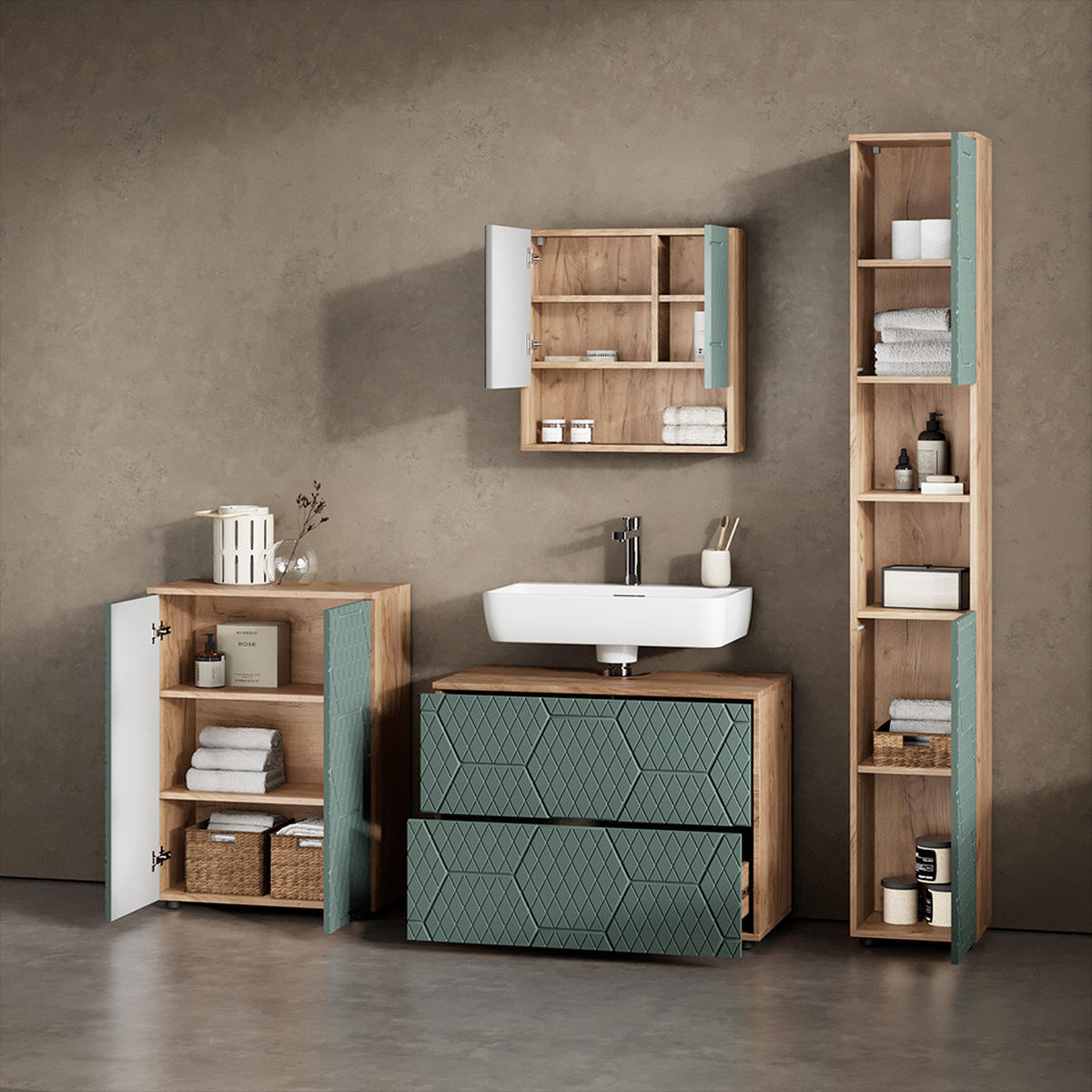 BADMÖBEL-SET Ronco Grün/Goldkraft Eiche 4 Teile, mit Schubladenschrank und Midischrank - Eiche Wotan/Grün, Holzwerkstoff (80/58/41cm) - Livinity®