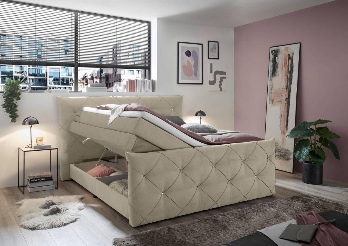 BOXSPRINGBETT 180 x 200 – Bonell-Box, 7-Zonen-Taschenfederkern & 6 cm Gel-Topper - Dunkelgrau/Beige, Textil (180/200cm) - ed exciting design