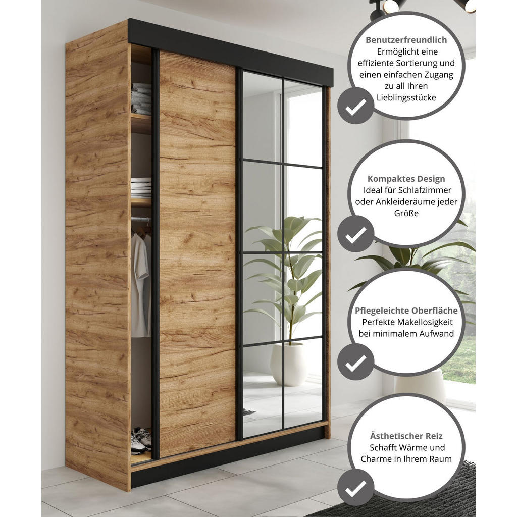 Thumbnail - Kier Furniture Schiebetürenschrank, Honigeiche, Schwarz, Holzwerkstoff, 167x205x59 cm, Schlafzimmer, Kleiderschränke, Sc...