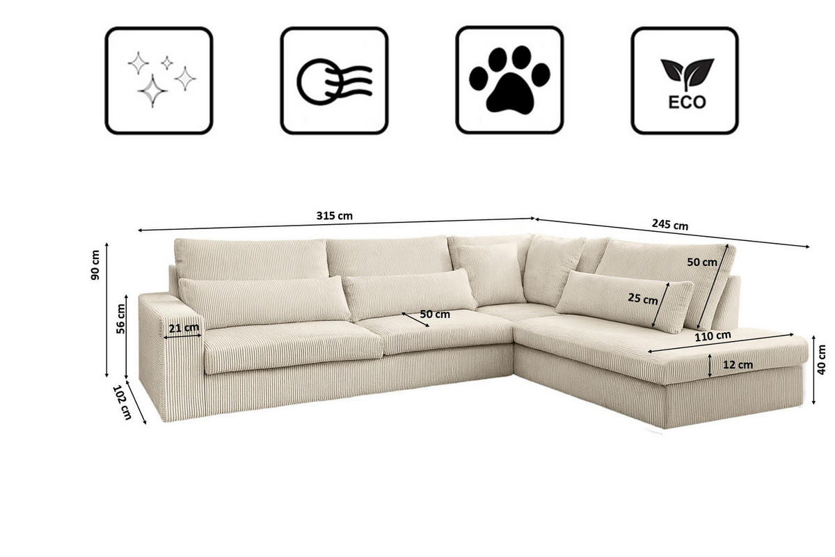 ECKSOFA L-Form SVEN Stoff Poso Ecru Rechts - Ecru, Textil (315/245cm) - Kaiser Möbel