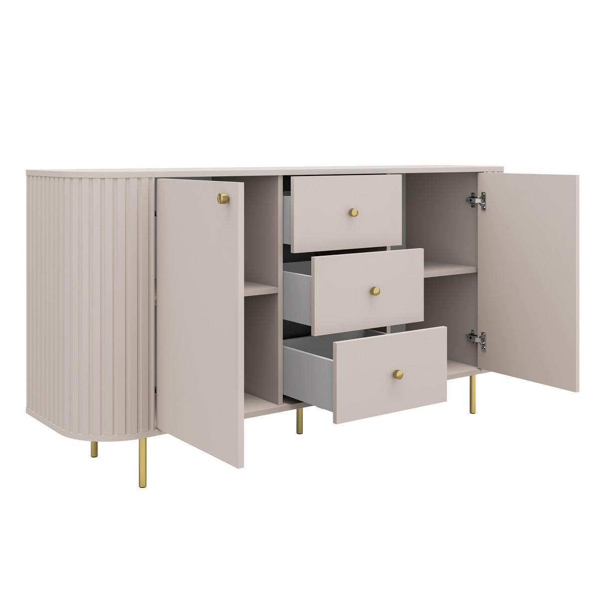 SIDEBOARD Halay Beige, 2 Türen & 3 Schubladen Moderne Rillenstruktur 164,6 cm - Beige/Goldfarben, Holzwerkstoff/Metall (164.6/85.4/42.3cm) - AX Living