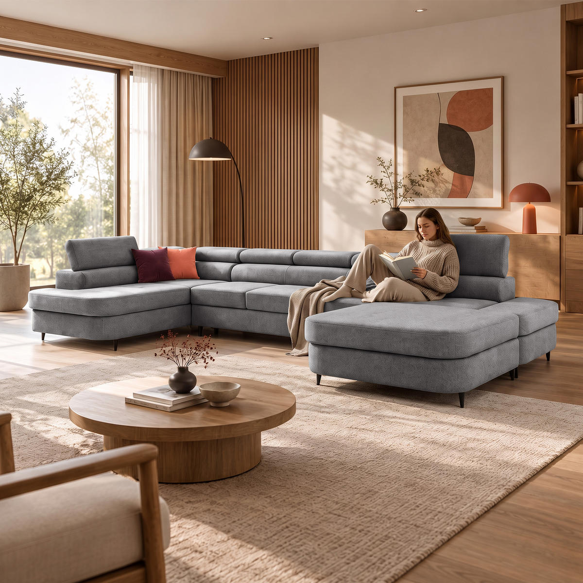 ECKSOFA U-Form PRIAM MAXI U Links mit Schlaffunktion 125x317 Velours Grau - Schwarz/Grau, Holz/Textil (203/91/400cm) - Muffo