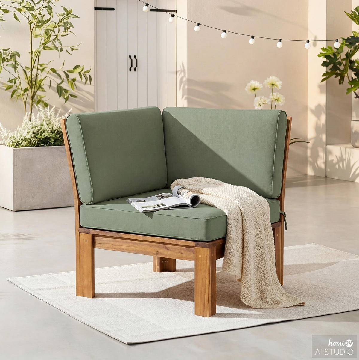 LOUNGEECKE - Webstoff / Akazie massiv - Olivgrün, Holz/Textil (71/73/71cm) - home24