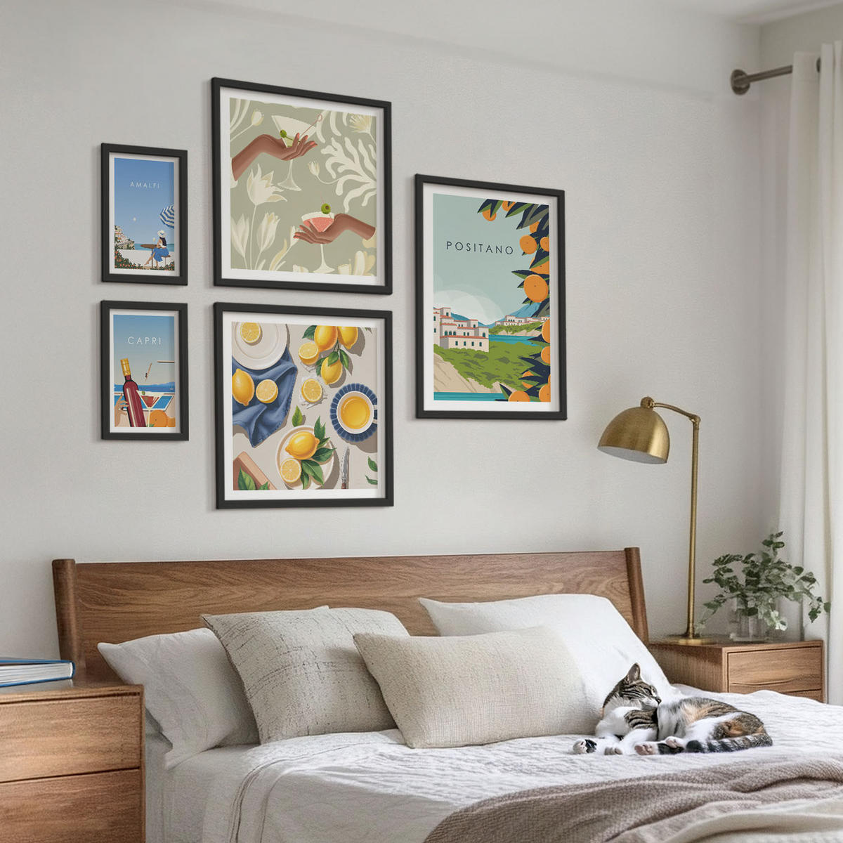 BILDER SET 5er Set - 50x50 cm & 20x30 cm & 40x60 cm Schwarzer Rahmen - Fruchtmuster und italienische Kultur - Schwarz, Kunststoff (40/60cm) - TULUP