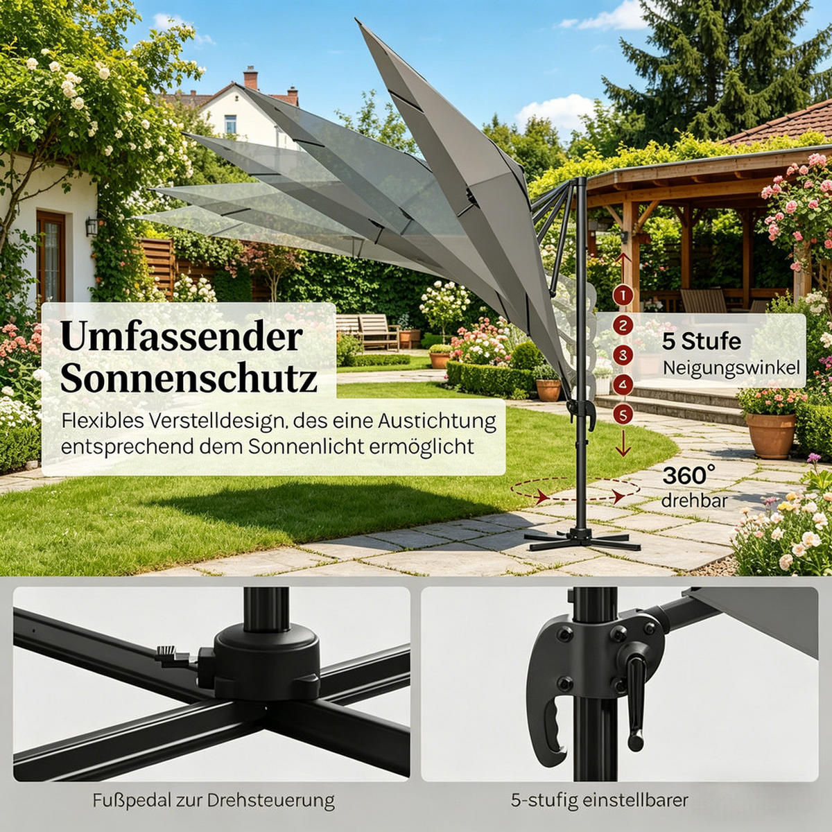 SONNENSCHIRM Rund Metall 306x167x207cm Dunkelgrau Mit Kreuzfuß - Dunkelgrau, Textil (167/306cm) - Raelunyi