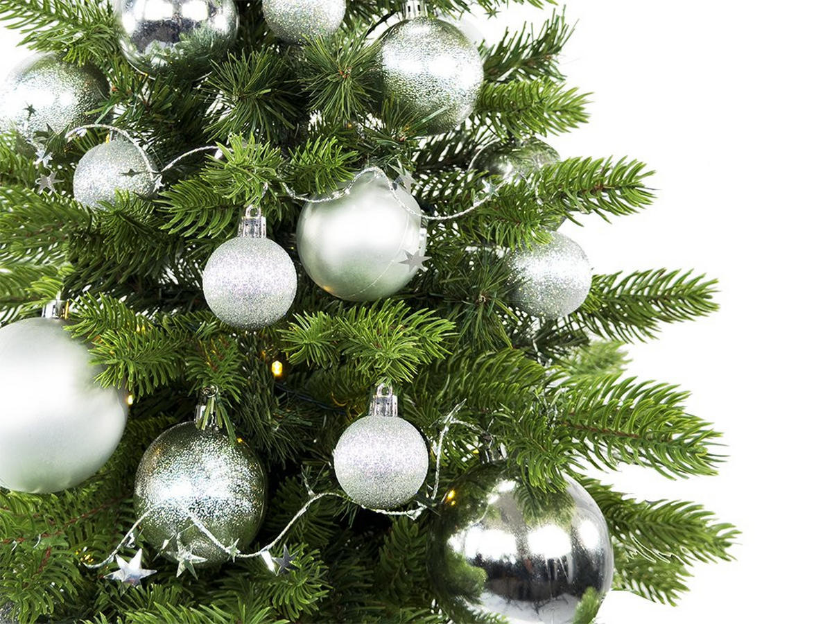 WEIHNACHTSBAUM künstlicher 60 cm mit LED-Beleuchtung, SILBERWEIHNACHTEN II, mit 34 Weihnachtsbaumschmuck, Pflanztopf mit Jutesack - Silberfarben/Grün, Kunststoff/Stein (40/60cm) - LAALU