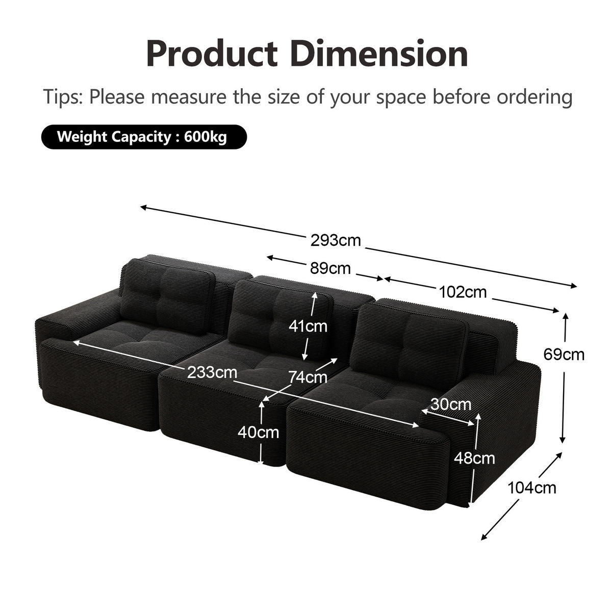 SOFA modular Tiefsitz Cord Black montagefrei - Schwarz, Kunststoff (104/69/293cm) - Meubliv