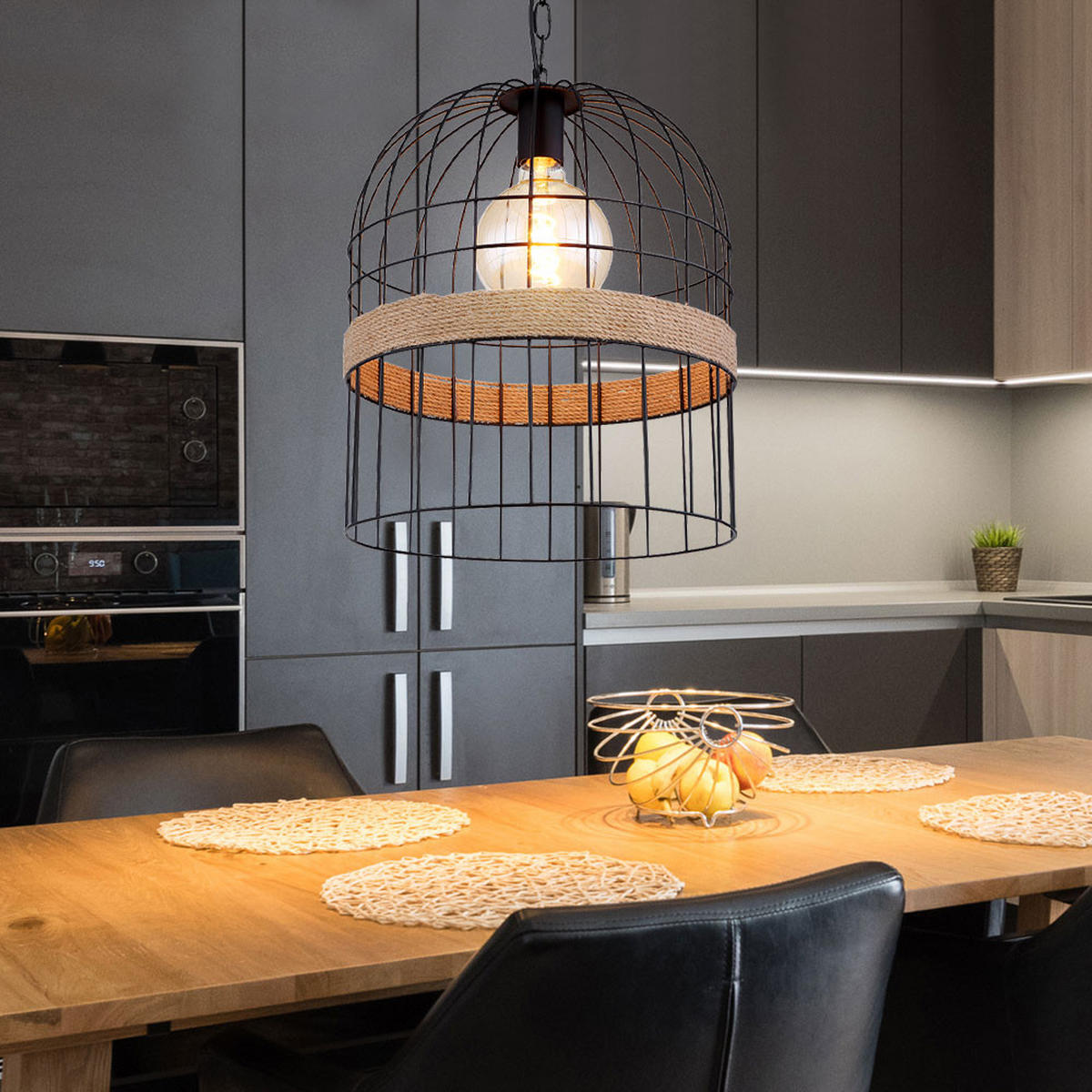 LED HÄNGELAMPE HALIA Schwarz Hanfseil - Schwarz, Metall (35/35/140cm) - Globo Lighting