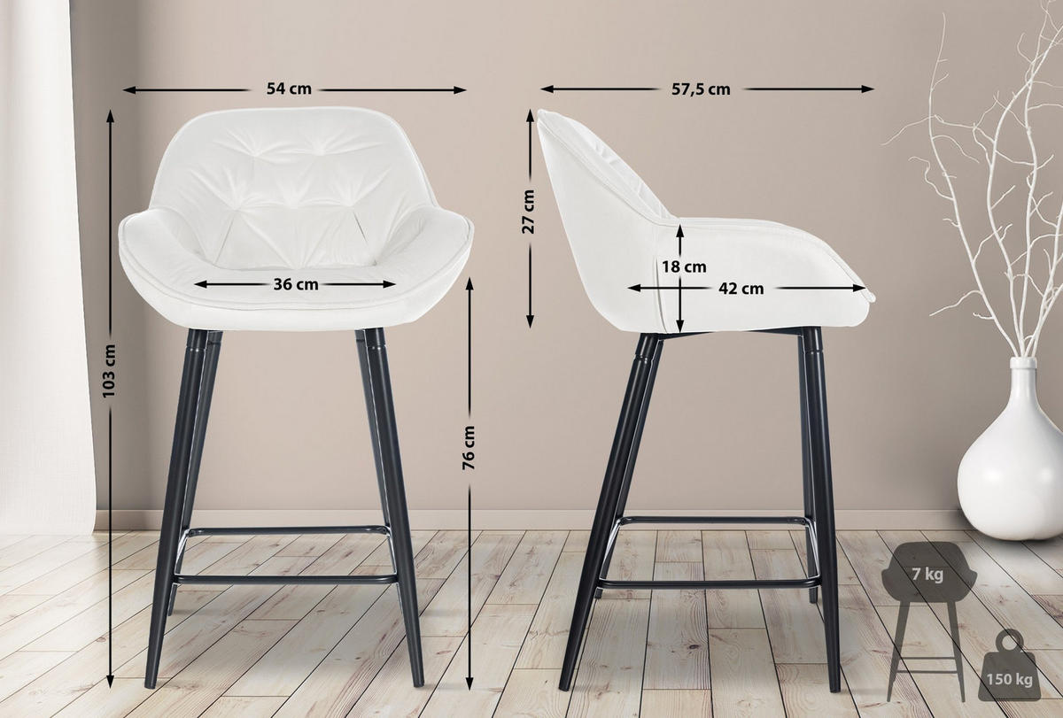 BARHOCKER 2er Set Samt cremeweiß - Schwarz/Weiß, Textil/Metall (54/103/57.5cm) - CLP