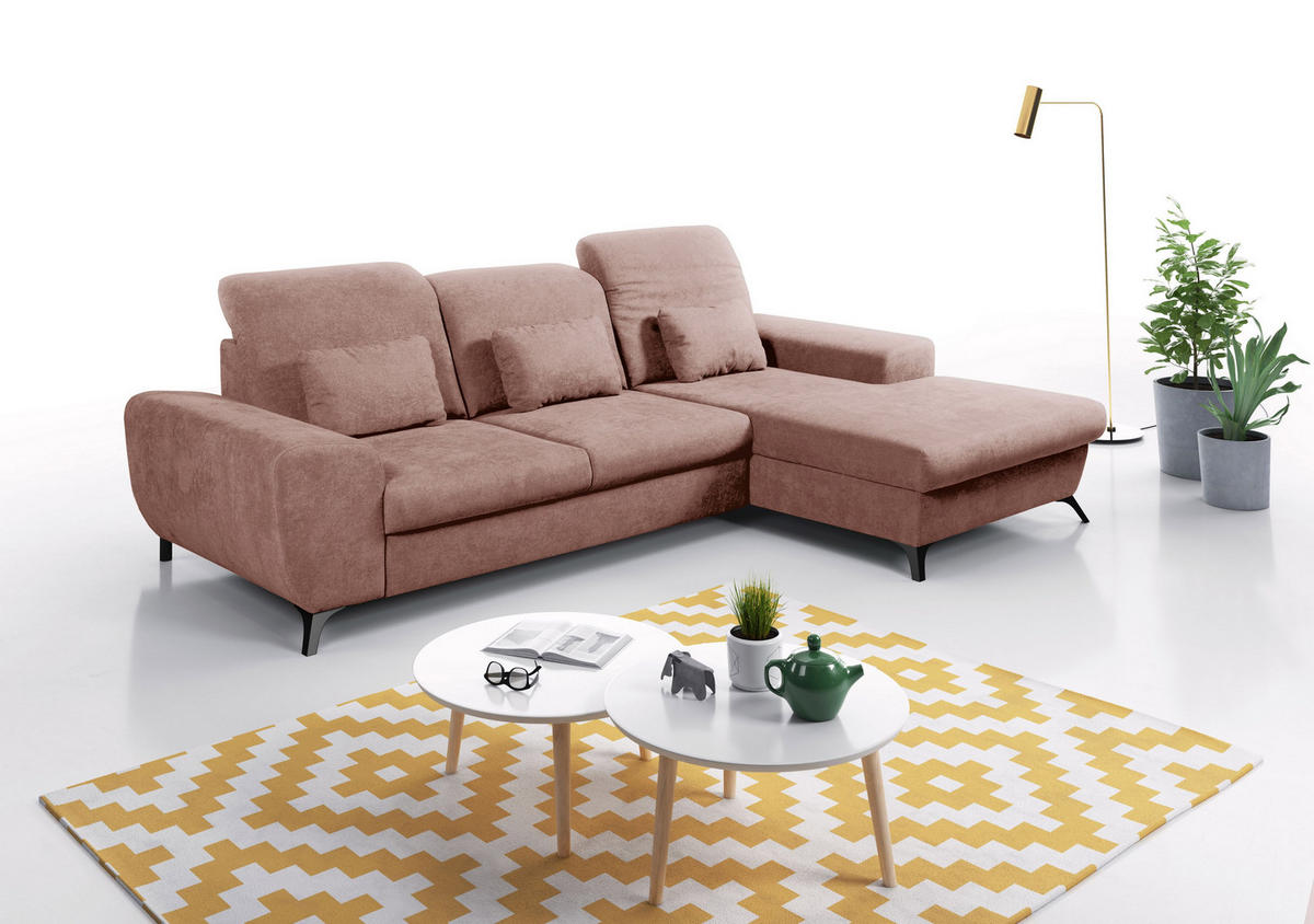 ECKSOFA LUCE R-S Rosa Plüsch-Stoff mit Schlaffunktion - Rosa, Holz (279/172cm) - MASSENO