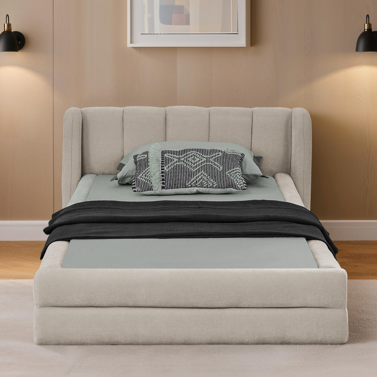 EINZELBETT 90x200 cm Chenille Rückenlehne beige - Beige, Kunststoff (90/200cm) - LEBENLANG