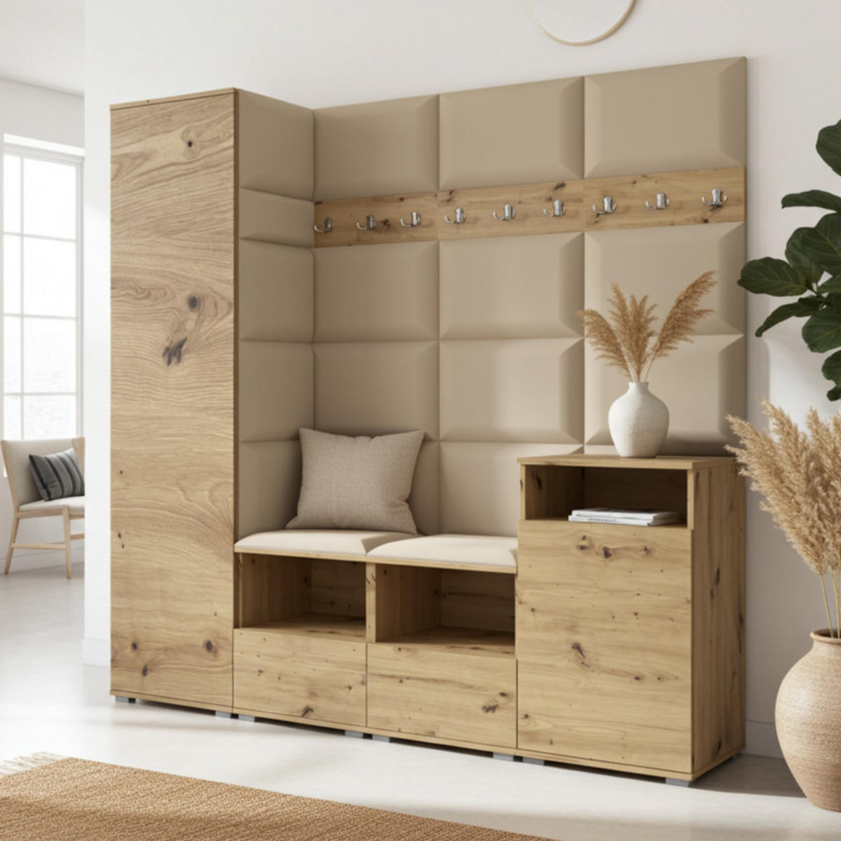 GARDEROBE NELA X 200 cm (Modulare Flurmöbel Artisan Eiche mit Sitzpolster Beige 04 Schrank + Sidelboard) - Beige/Silberfarben, Holz/Holzwerkstoff (200/187/40cm) - Ravio
