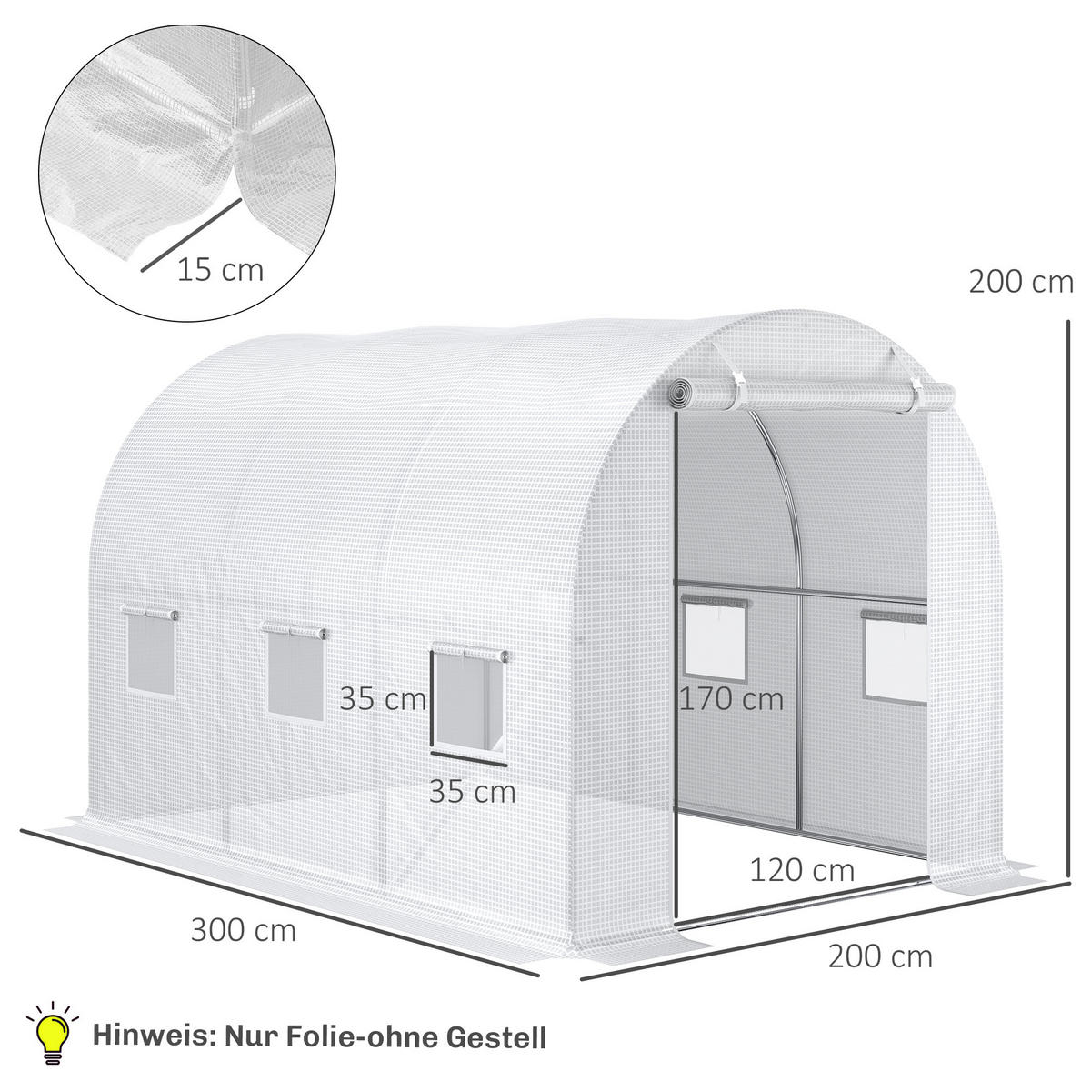 POLYETHYLENOVÁ FÓLIE 3x2x2m Náhradní fólie se 6 okny pro fóliový tunel Zahradní tunel - bílá, plast (200/200/300cm) - Outsunny