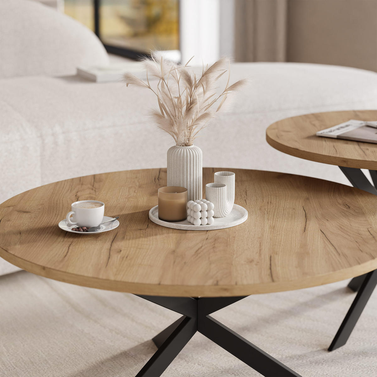 COUCHTISCH rund auf MDF, Kraft Eiche - Schwarz/Braun, Holzwerkstoff (75/75/36cm) - Idohome