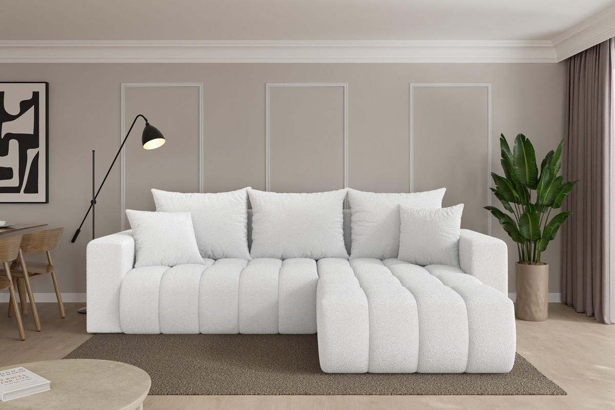 ROHOVÁ SEDAČKA s funkcí spaní, otoman vpravo MILA-L-v1 277x195x86 bílá bouclé - bílá/černá, kompozitní dřevo/textil (277/194cm) - ALTDECOR
