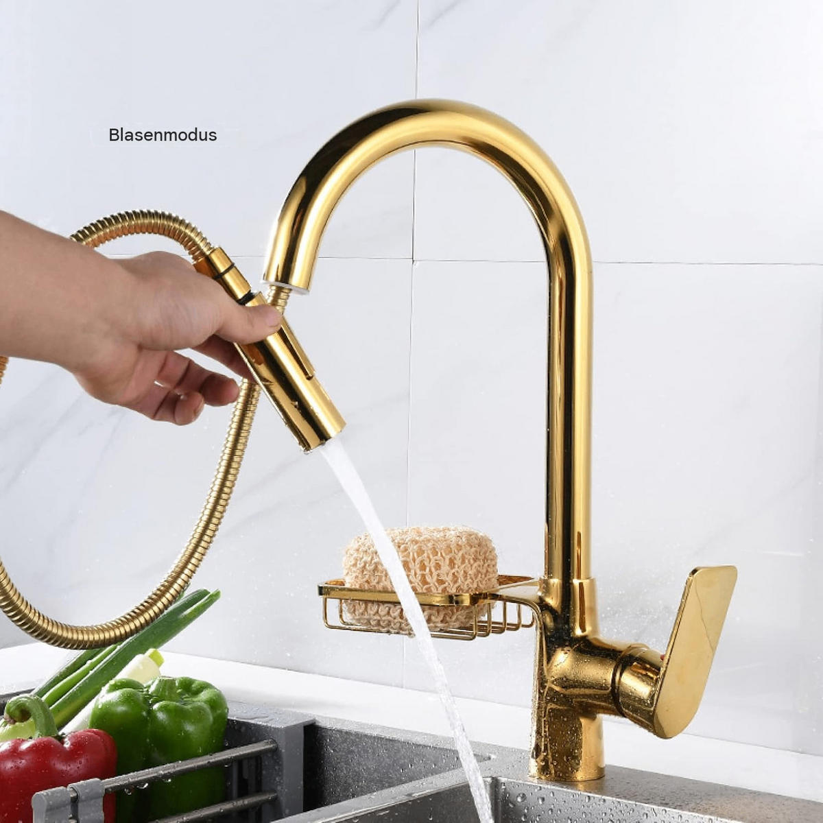 KÜCHENARMATUR mit Korb und Schlauch, 42 cm hoch, gold - Goldfarben, Metall (24/6/15cm) - Vallsero