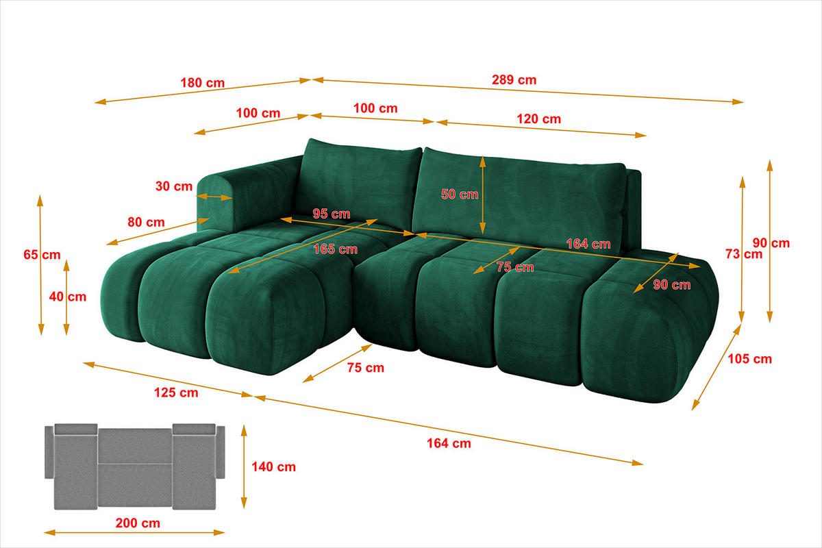 ECKSOFA Ottomane Links CLOUD-L 289x180x40 Dunkelgrün Velours - Dunkelgrün, Holzwerkstoff/Kunststoff (180/289cm) - ALTDECOR