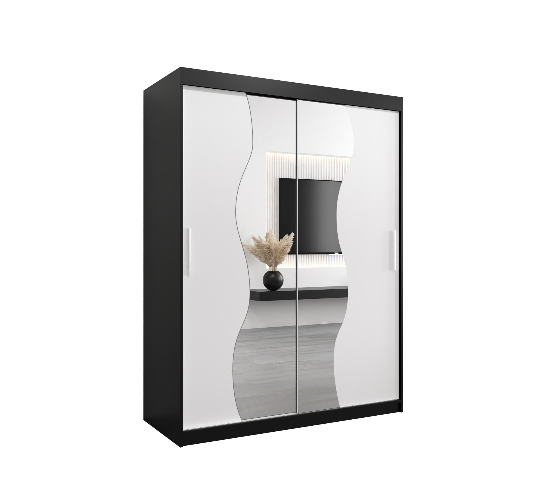Möbel Kryspol Schwebetürenschrank Schwarz, Weiß 150x200x62 cm