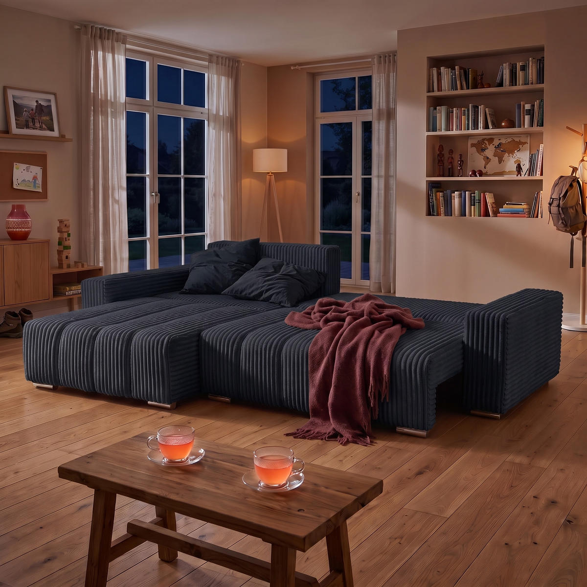 ECKSOFA PIANO L Links mit Schlaffunktion 137x234 Cord Schwarz - Silberfarben/Schwarz, Holz/Textil (278/178cm) - Muffo